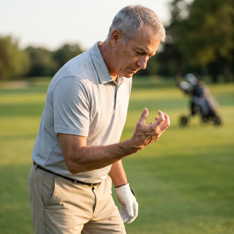 Man looking fatigued on golf course